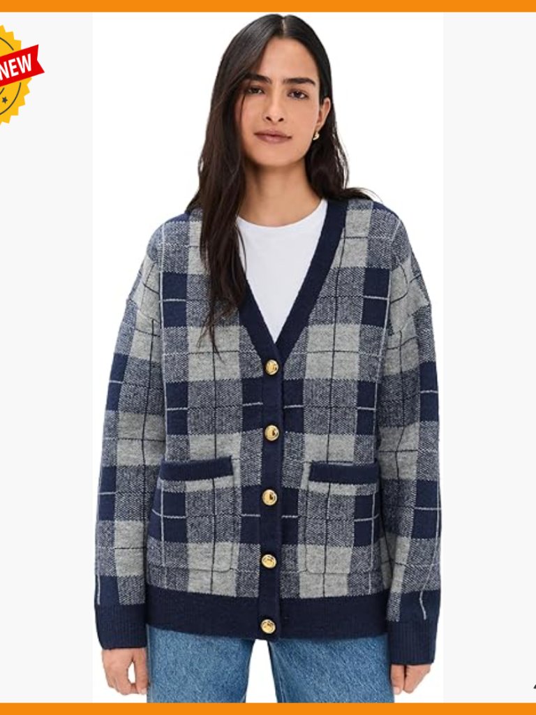 Mid-Weight Stretch Knit Check Cardigan With Patch Pockets